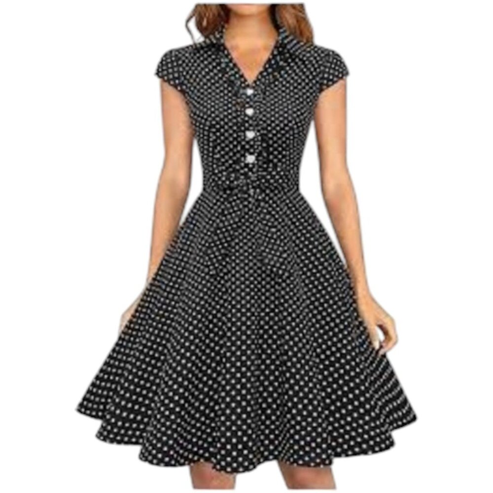 Chaps- Women's Casual Bohemian Midi Dress V-Neck With Wavy Short Sleeves & Polka